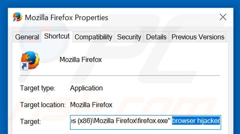 Verwijder go.mail.ru als doel van de Mozilla Firefox snelkoppeling stap 2