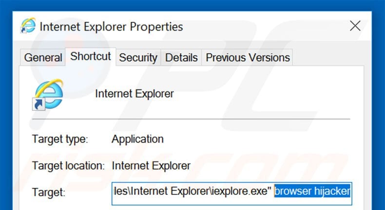 Verwijder go.mail.ru als doel van de Internet Explorer snelkoppeling stap 2