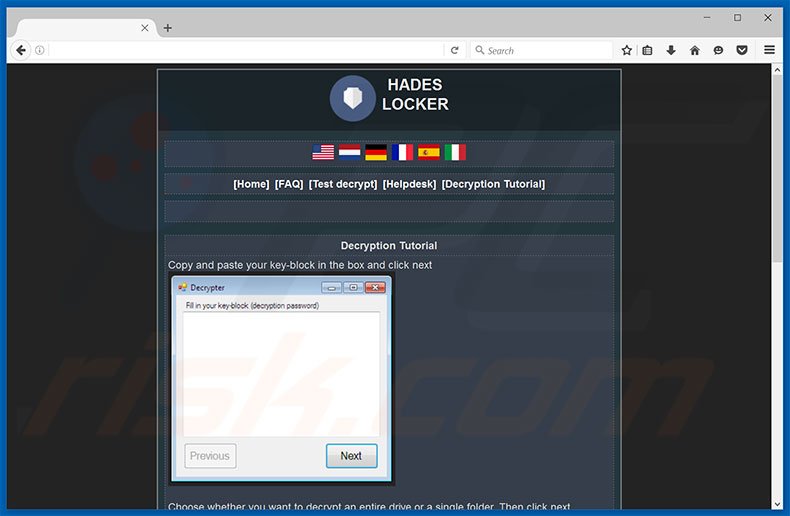 Hades Locker ransomware website's decryptie instructies