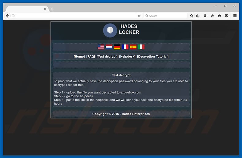 Hades Locker ransomware website's decryptietest