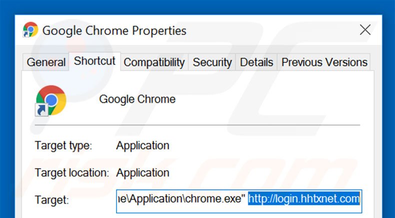 Verwijder login.hhtxnet.com als doel van de Google Chrome snelkoppeling stap  2