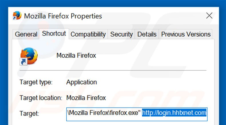 Verwijder login.hhtxnet.com als doel van de Mozilla Firefox snelkoppeling stap  2