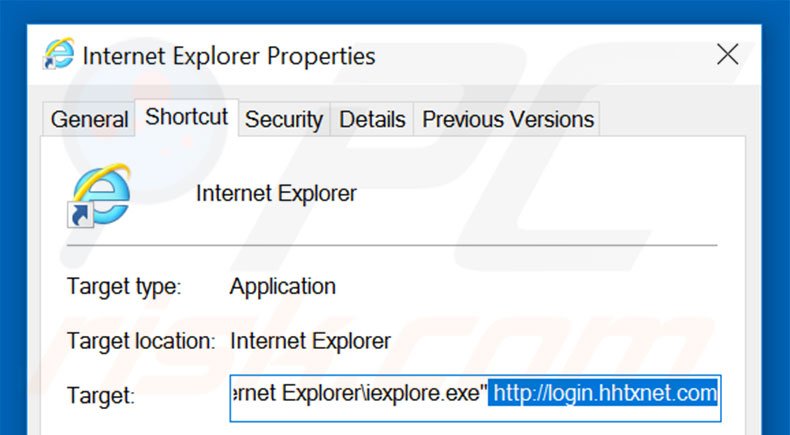 Verwijder login.hhtxnet.com als doel van de Internet Explorer snelkoppeling stap 2