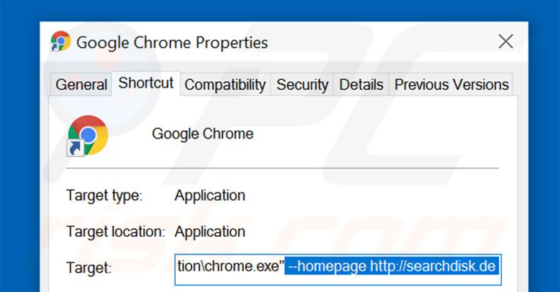 Verwijder searchdisk.de als doel van de Google Chrome snelkoppeling stap