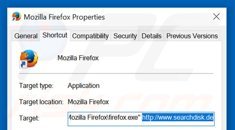 Verwijder searchdisk.de als doel van de Mozilla Firefox snelkoppeling stap 2