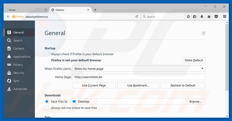 Verwijder searchdisk.de als startpagina in Mozilla Firefox