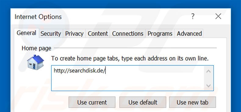 Verwijder searchdisk.de als startpagina in Internet Explorer