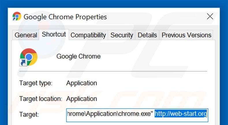 Verwijder web-start.org als doel van de Google Chrome snelkoppeling stap 2
