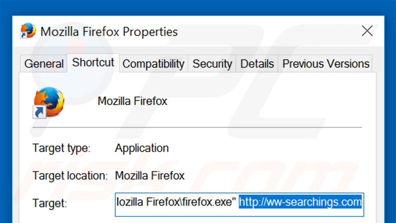 Verwijder ww-searchings.com als doel van de Mozilla Firefox snelkoppeling stap 2