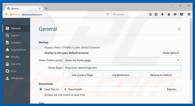 Verwijder ww-searchings.com als startpagina in Mozilla Firefox