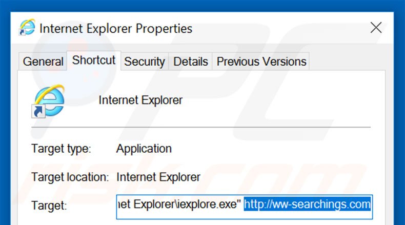 Verwijder ww-searchings.com als doel van de Internet Explorer snelkoppeling stap 2
