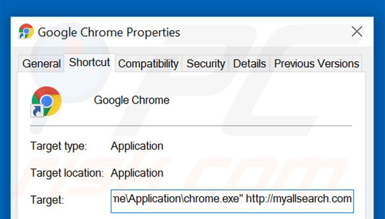 Verwijder myallsearch.com als doel van de Google Chrome snelkoppeling stap 2
