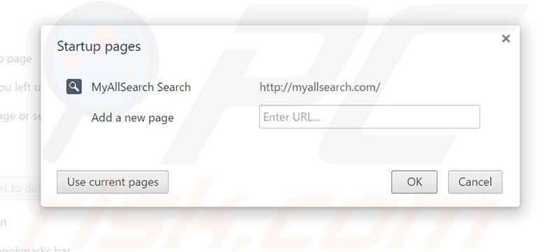 Verwijder myallsearch.com als startpagina in Google Chrome