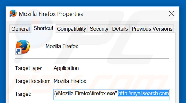 Verwijder myallsearch.com als doel van de Mozilla Firefox snelkoppeling stap 2