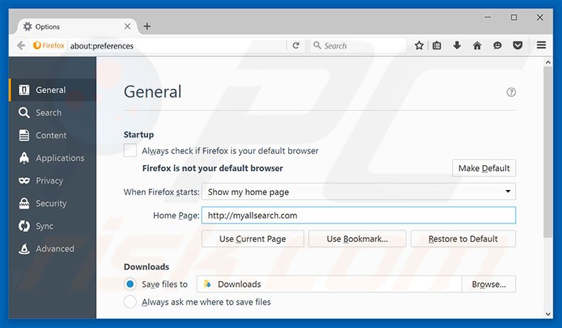 Verwijder myallsearch.com als startpagina in Mozilla Firefox
