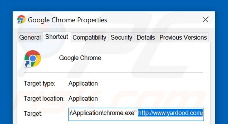 Verwijder yardood.com als doel van de Google Chrome snelkoppeling stap 2