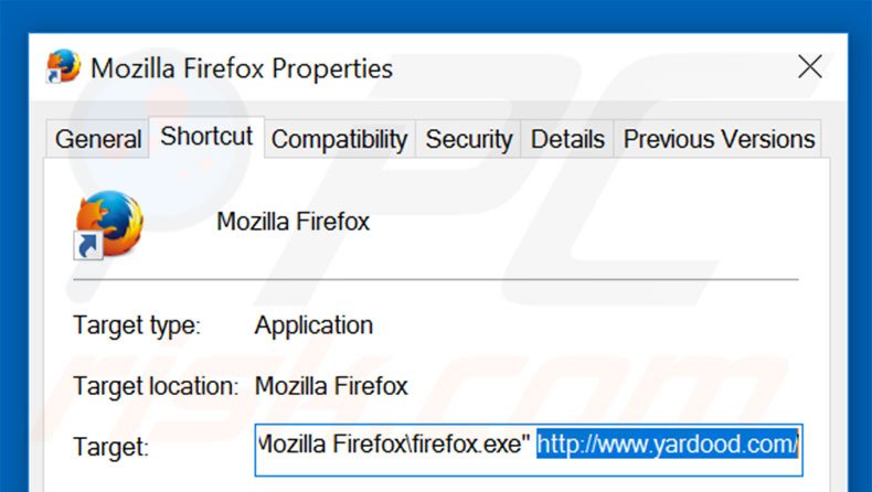 Verwijder yardood.com als doel van de Mozilla Firefox snelkoppeling stap 2