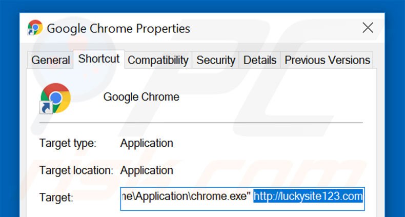 Verwijder luckysite123.com als doel van de Google Chrome snelkoppeling stap 2