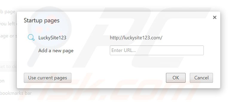 Verwijder luckysite123.com als startpagina in Google Chrome