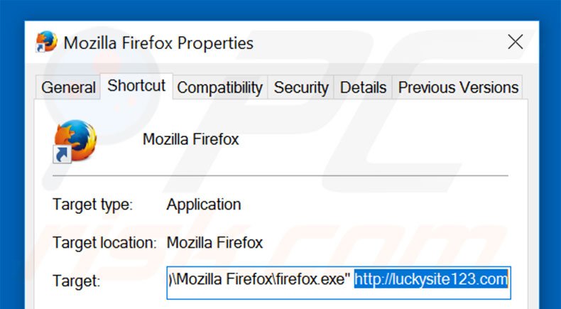 Verwijder luckysite123.com als doel van de Mozilla Firefox snelkoppeling stap 2