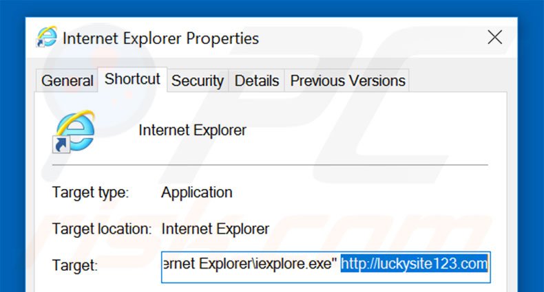 Verwijder luckysite123.com als doel van de Internet Explorer snelkoppeling stap 2