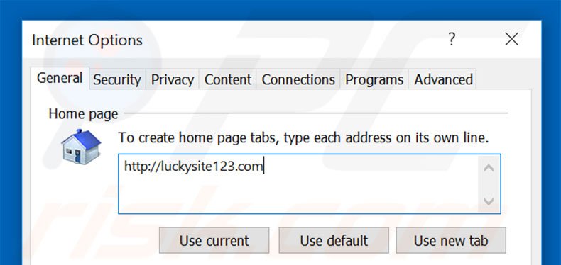 Verwijder luckysite123.com als startpagina in Internet Explorer
