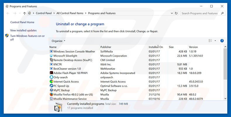 luckysite123.com browser hijacker verwijderen via het Controle Paneel