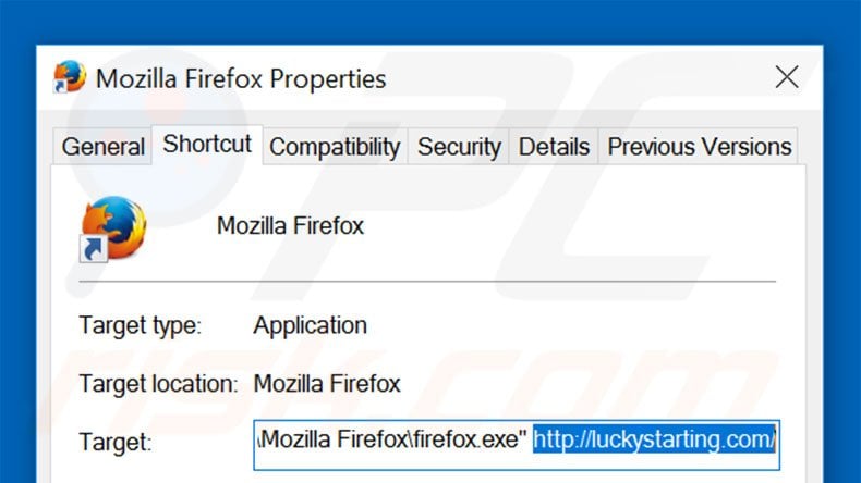 Verwijder luckystarting.com als doel van de Mozilla Firefox snelkoppeling stap 2