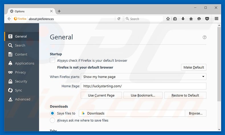 Verwijder luckystarting.com als startpagina in Mozilla Firefox