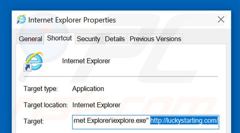 Verwijder luckystarting.com als doel van de Internet Explorer snelkoppeling stap 2