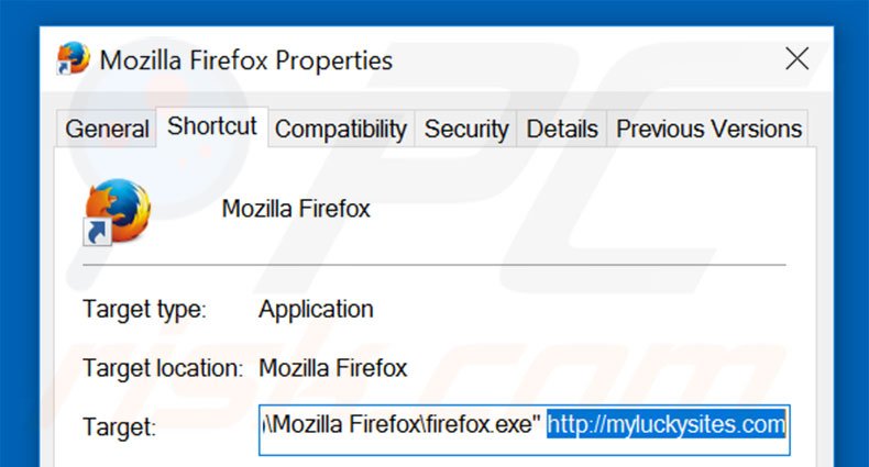 Verwijder myluckysites.com als doel van de Mozilla Firefox snelkoppeling stap 2