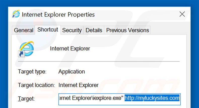 Verwijder myluckysites.com als doel van de Internet Explorer snelkoppeling stap 2