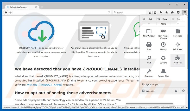 Verwijder de {PRODUCT_NAME} advertenties uit Mozilla Firefox stap 1