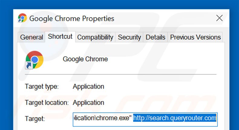 Verwijder search.queryrouter.com als doel van de Google Chrome snelkoppeling stap 2