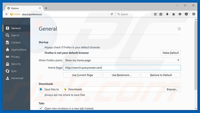 Verwijder search.queryrouter.com als startpagina in Mozilla Firefox