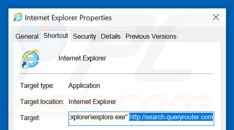 Verwijder search.queryrouter.com als doel van de Internet Explorer snelkoppeling stap 2