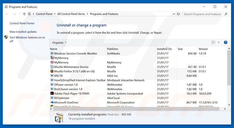 Windows Security Alert adware verwijdering via het Controle Paneel