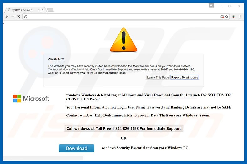 Windows Security Alert scam website
