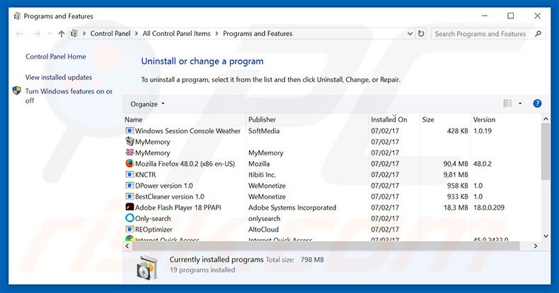 Wizzcaster adware uninstall via Control Panel