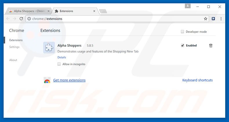 Verwijder de Alpha Shoppers advertenties uit Google Chrome stap 2