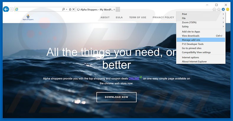 Verwijder de Alpha Shoppers advertenties uit Internet Explorer stap 1