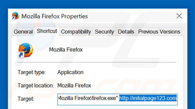 Verwijder initialpage123.com als doel van de Mozilla Firefox snelkoppeling stap 2