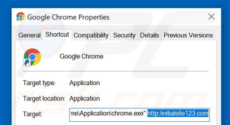 Verwijder initialsite123.com als doel van de Google Chrome snelkoppeling stap 2