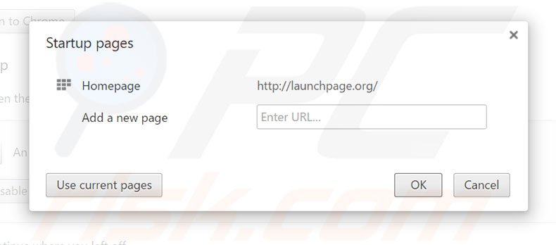 Verwijder launchpage.org als startpagina in Google Chrome homepage