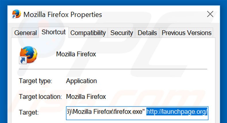 Verwijder launchpage.org als doel van de Mozilla Firefox snelkoppeling stap 2