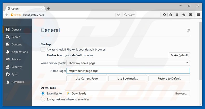 Verwijder launchpage.org als startpagina in Mozilla Firefox