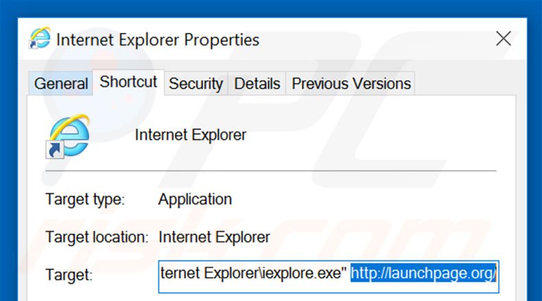 Verwijder launchpage.org als doel van de Internet Explorer snelkoppeling stap 2