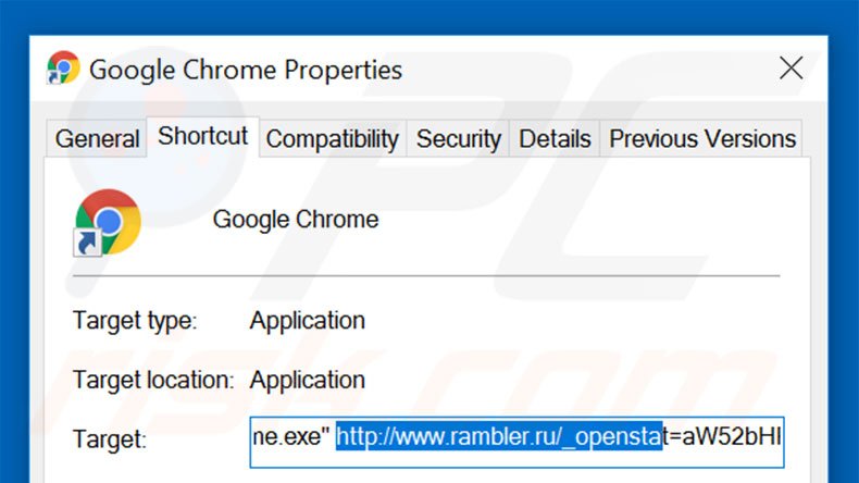 Verwijder rambler.ru als doel van de Google Chrome snelkoppeling stap 2