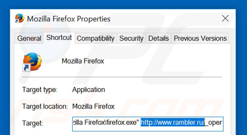 Verwijder rambler.ru als doel van de  Mozilla Firefox snelkoppeling stap 2