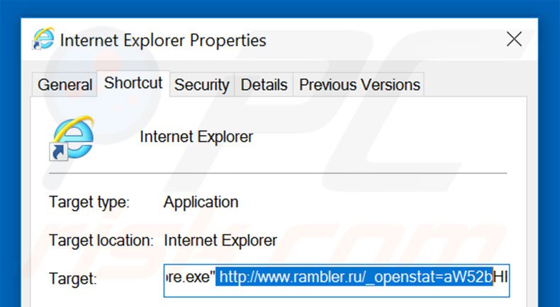 Verwijder rambler.ru als doel van de Internet Explorer snelkoppeling stap 2